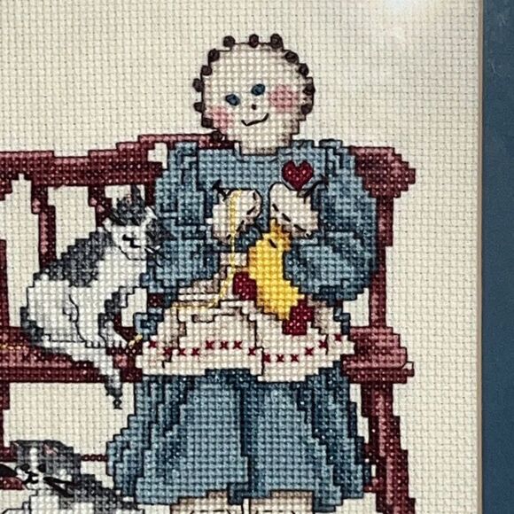 Needlepoint Artwork of Girl With Cats 13" x 10" Framed & Matted grant core - Picture 5 of 8